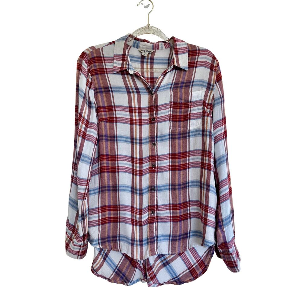 Lucky Brand Long Flannel Shirt Women's Small Off White/Red Casual Comfortable